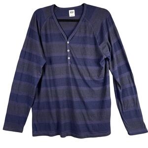 NSF Top Womens Large Blue Gray Stripe V-neck Henley Tee Casual Y2K